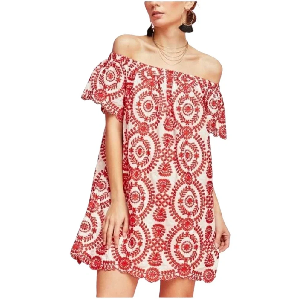 Entro red and white fully floral embroidered off the shoulder mini dress - Picture 1 of 14